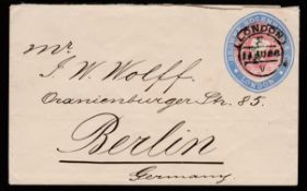 G.B. - ADVERTISING RINGS 1886 2 1/2d Lake postal stationery envelope with blue "BROWNE ROSENHEIM &