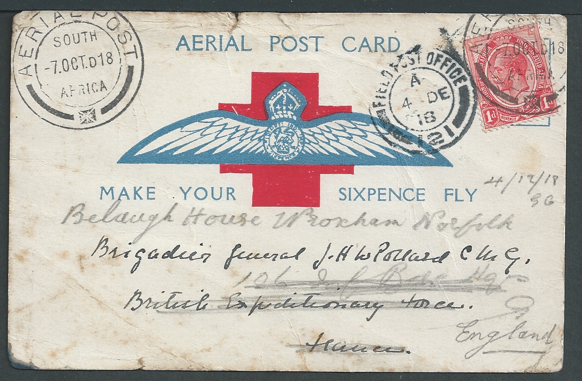 South Africa 1918 (Oct. 7) Red Cross Aerial Post Card with large R.A.F. wings in blue, flown on t...