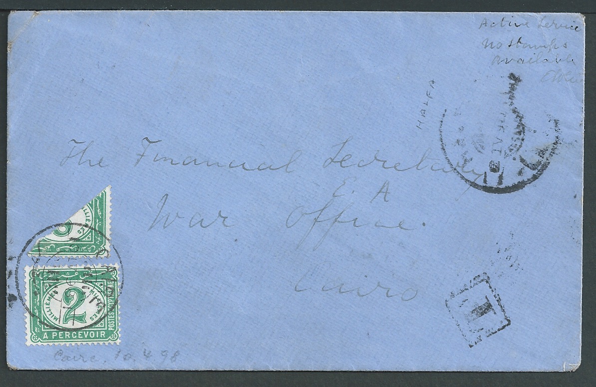 Egypt / Sudan 1898 (Apr. 2) Stampless cover endorsed "Active Service, no stamps available".posted...