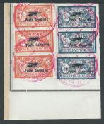 France 1927 First International Aviation Display six stamps SG 455-56 affixed to part ledger page...