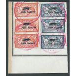 France 1927 First International Aviation Display six stamps SG 455-56 affixed to part ledger page...