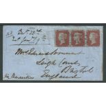 G.B. - Crimean War 1854 Cover to England bearing GB die I perf 16 1d red strip of three cancelled...