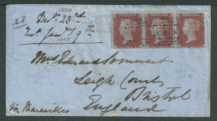 G.B. - Crimean War 1854 Cover to England bearing GB die I perf 16 1d red strip of three cancelled...