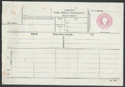 Jamaica 1879 Queen Victoria embossed 1/- pink postal stationery telegraph form, unused.