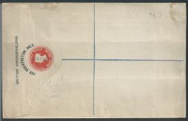 Bechuanaland 1889 Size H 4d registration envelope handstamped "SPECIMEN" showing the error of spe...