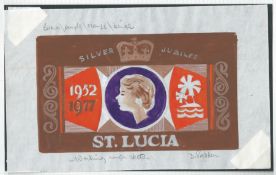 St. Lucia 1977 Artist a hand-painted drawing of the issued design for the Queen Elizabeth II Silver