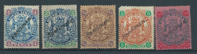 Rhodesia 1896-97 Arms Die II 4d, 2s, 2s6d, 5s, 10s - the five values with local "SPECIMEN" overpr...
