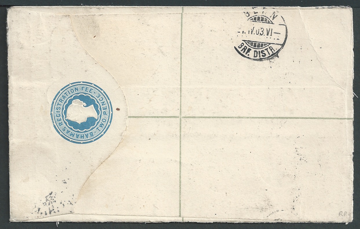 Bahamas 1903 Usage of Queen Victoria 2d postal stationery registration envelope to Switzerland wi... - Image 2 of 2