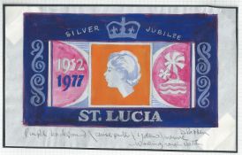 St. Lucia 1977 Artist's Hand-painted Drawing of the issued design for the Queen Elizabeth II Silver