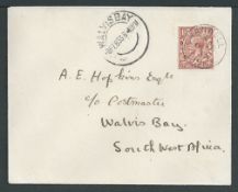 South West Africa / G.B. - Airmails 1933 (Feb. 6) Cover to Walvis Bay with G.B. 1 1/2d cancelled...