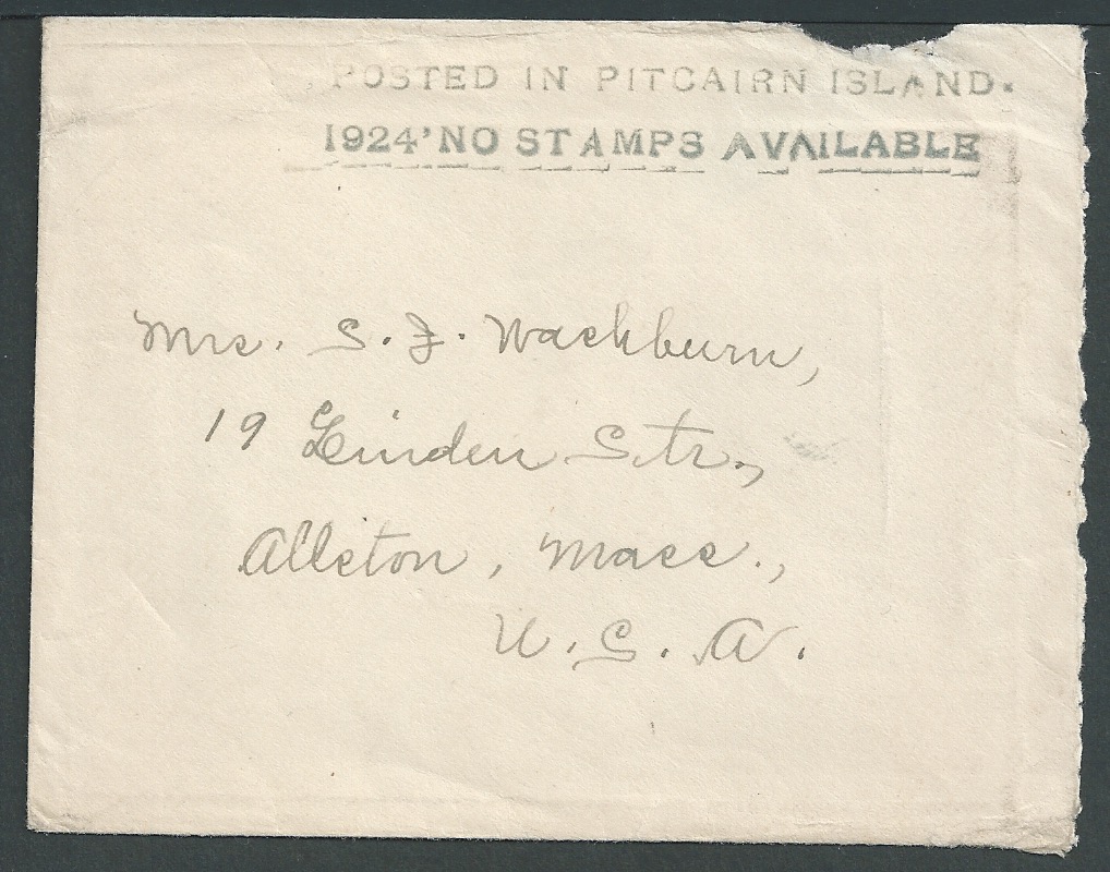 Pitcairn Islands 1924 Stampless cover to the U.S.A., handstamped "POSTED IN PITCAIRN ISLAND/1924'...