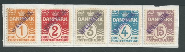 Denmark 1905-06 1ö, 2ö, 3ö, 4ö, 15ö, affixed to small piece each handstamped "SPECIMEN".in violet...