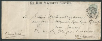 G.B. Royalty / Officials 1884 O.H.M.S. cover (two vertical folds) to Austria with "METROPOLITAN /...