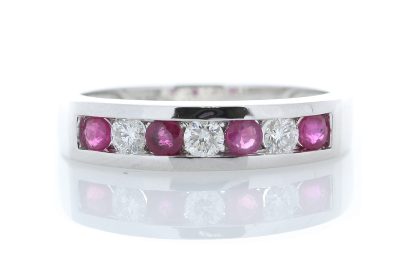 9ct White Gold Semi Eternity Diamond And Ruby Ring