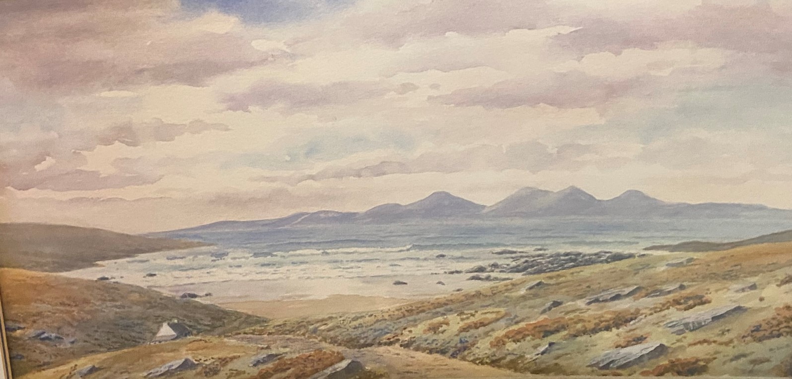 Unsigned watercolour Scottish view titled verso “the Paps of Jura”