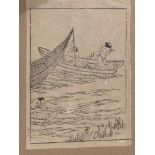 Set of 4 Japanese Ink drawings on fine paper fishing and landscape scenes
