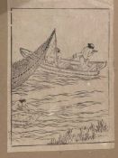 Set of 4 Japanese Ink drawings on fine paper fishing and landscape scenes