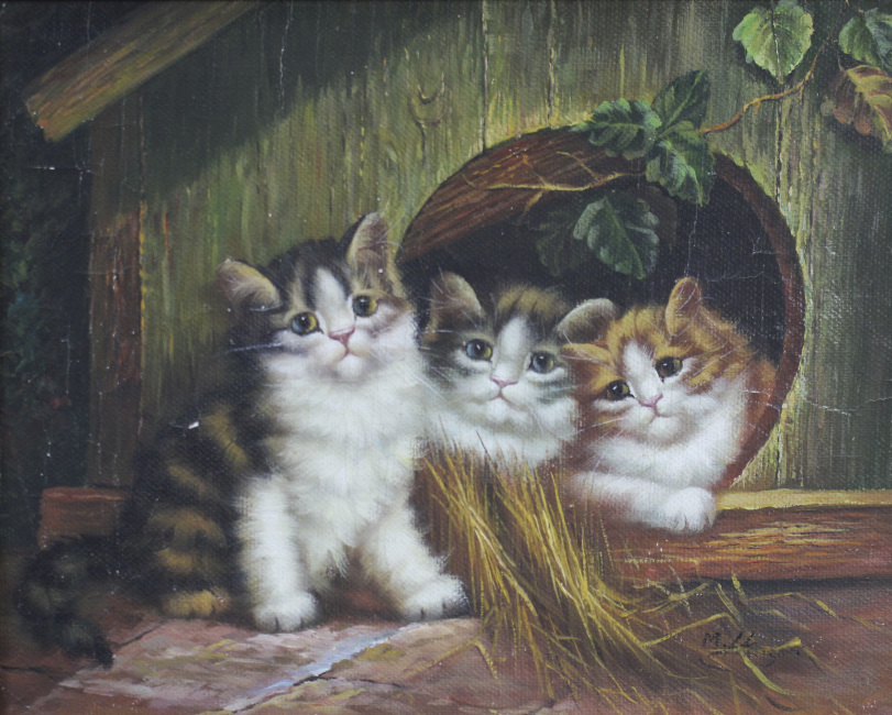 Small Oil Painting of Kittens Signed Set in Frame