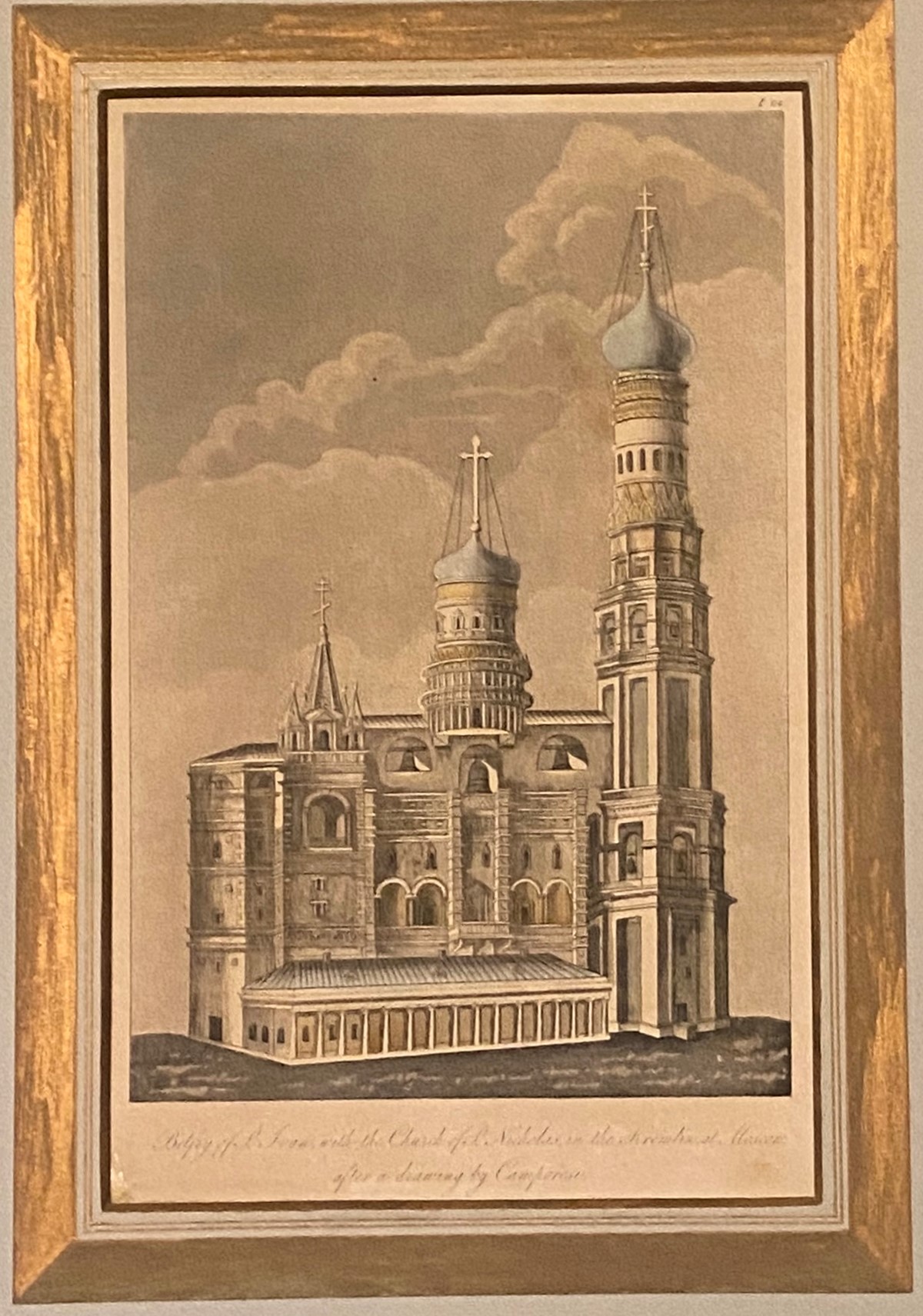 Hand Coloured Etching Belfey of St Ivan with the Church of St Nicholas in the Kremlin at Moscow