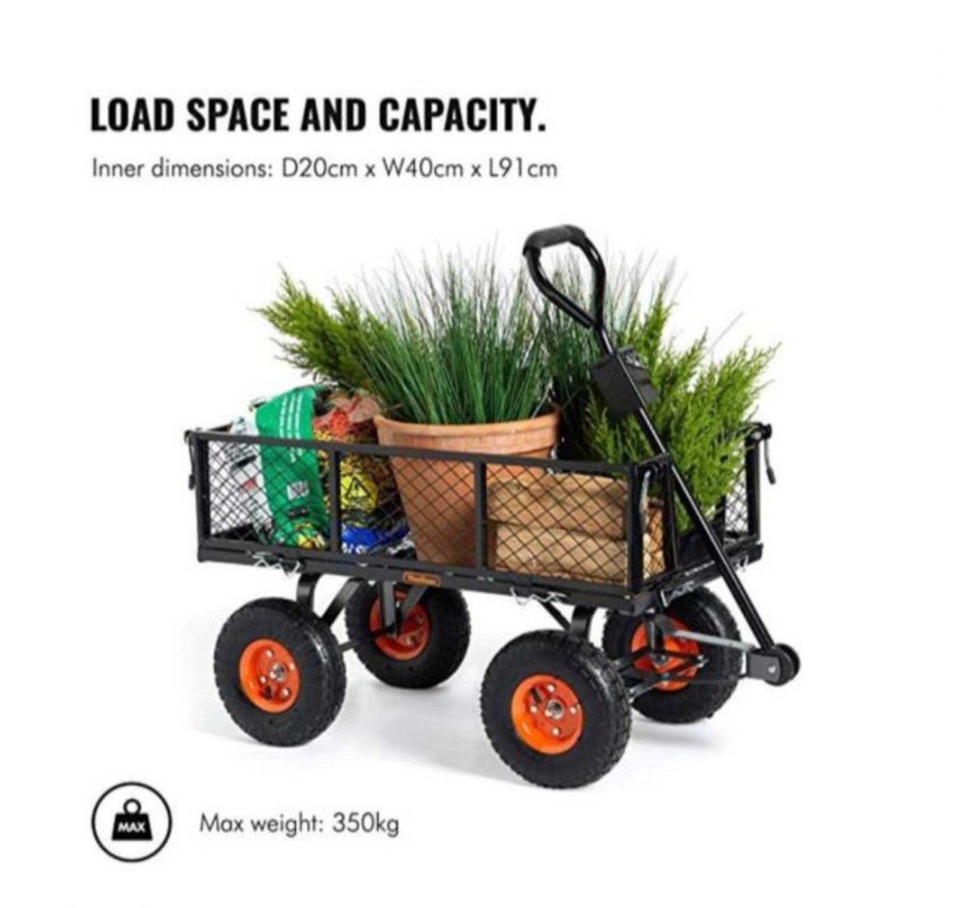 (GL37) Garden Trolley Off-road wheels & tyres Fold down sides for easy access and removal of ...