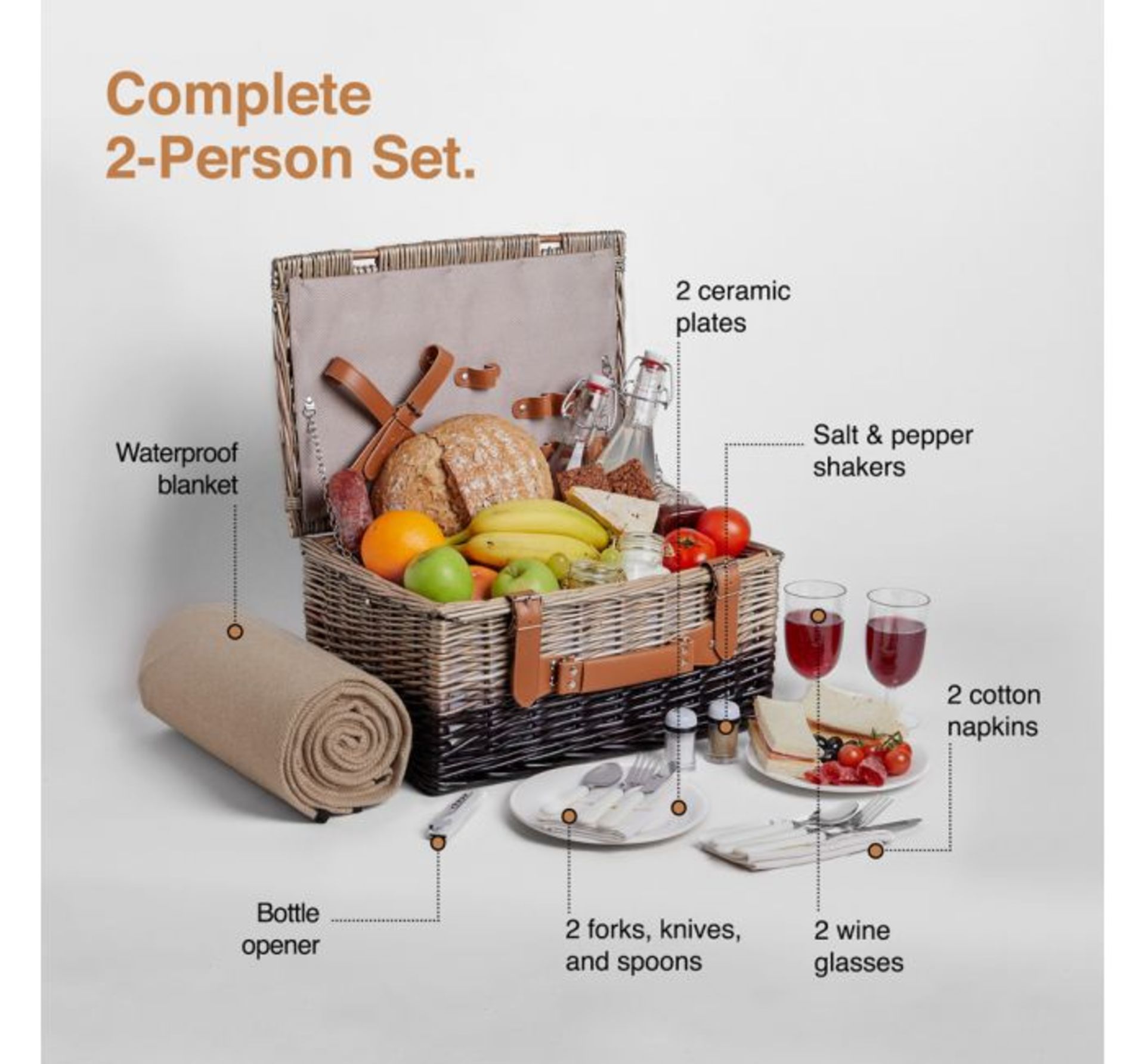 (OM21) 2 Person Herringbone Picnic Hamper Includes waterproof-backed picnic blanket, cutlery, ...