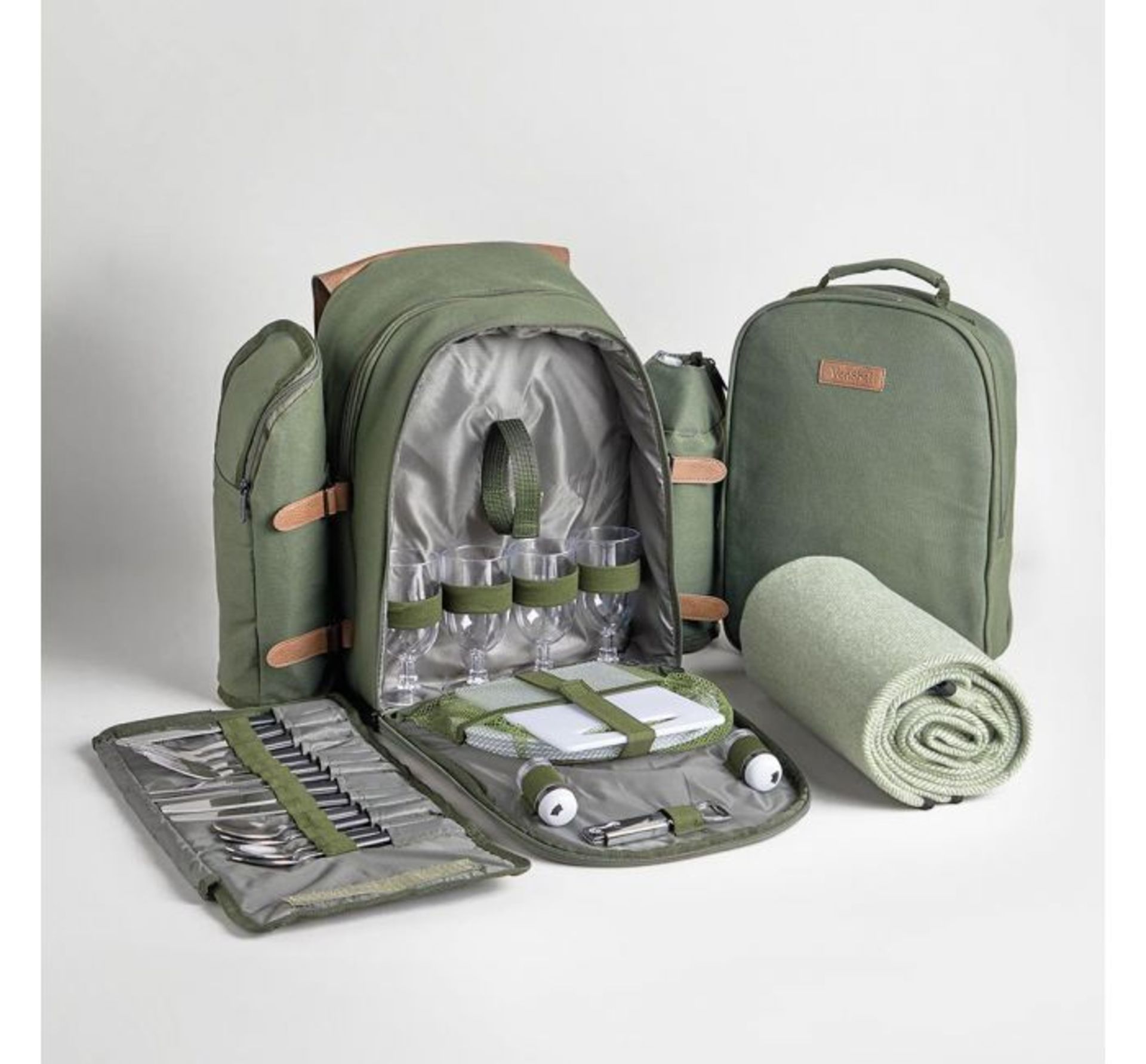 (OM26) 4 Person Green Adventure Backpack Stylish green khaki canvas & brown distressed leather...