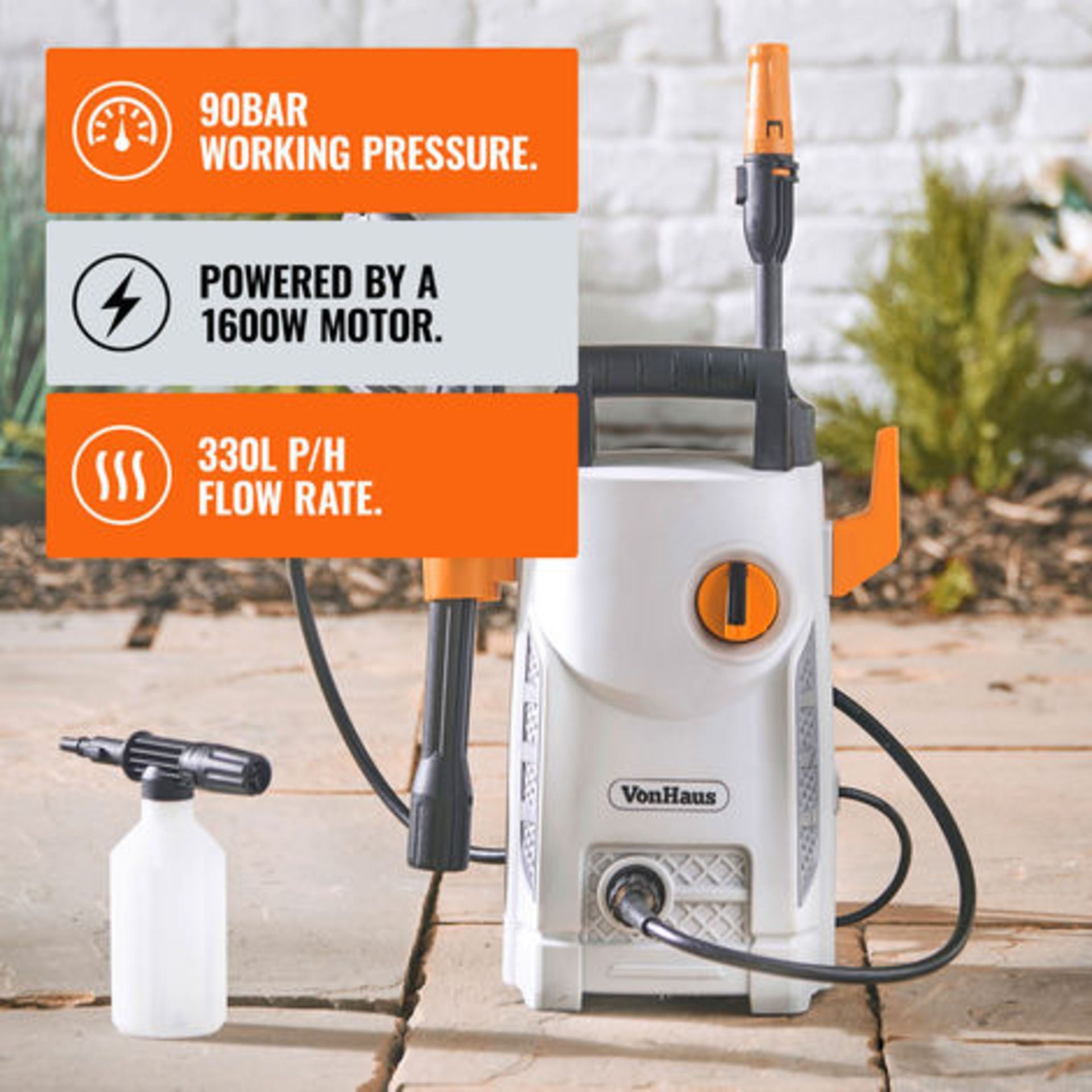 (OM91) 1600W Pressure Washer with Accessories - Outdoor Home/Patio & Car Cleaner - 90bar workin...