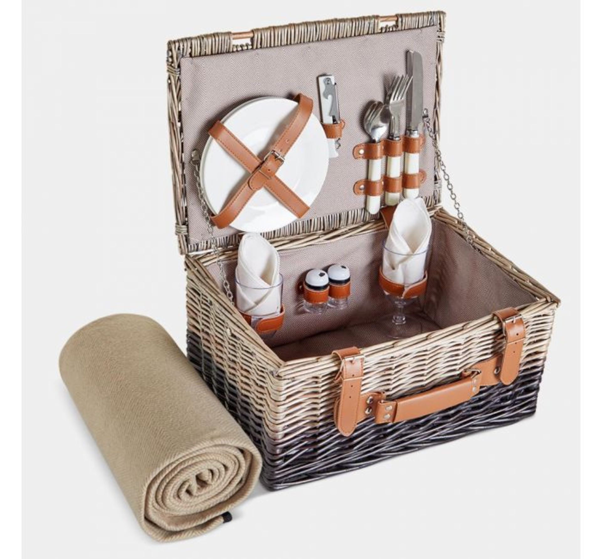 (OM21) 2 Person Herringbone Picnic Hamper Includes waterproof-backed picnic blanket, cutlery, ... - Image 2 of 3