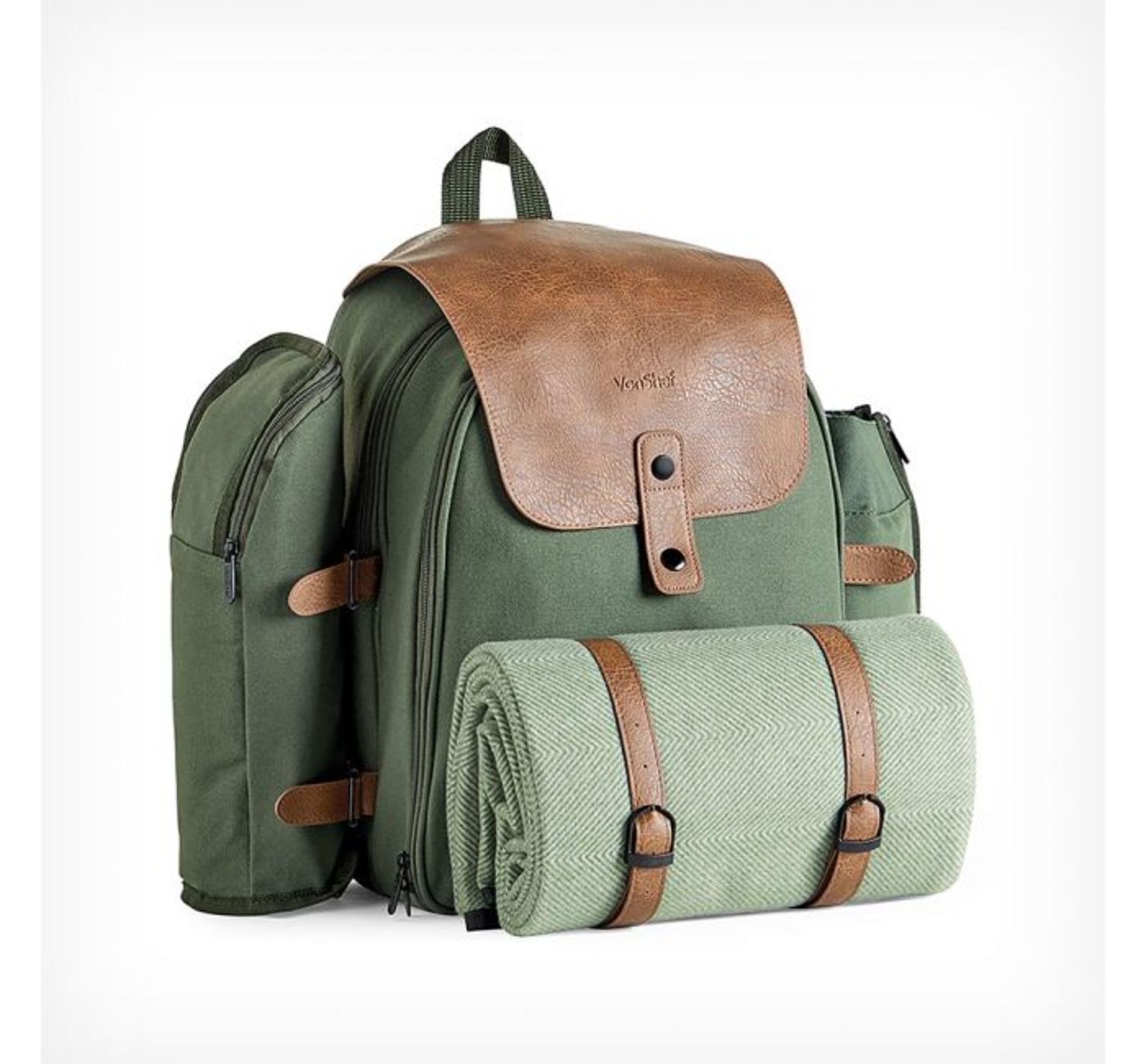 (OM26) 4 Person Green Adventure Backpack Stylish green khaki canvas & brown distressed leather... - Image 2 of 3