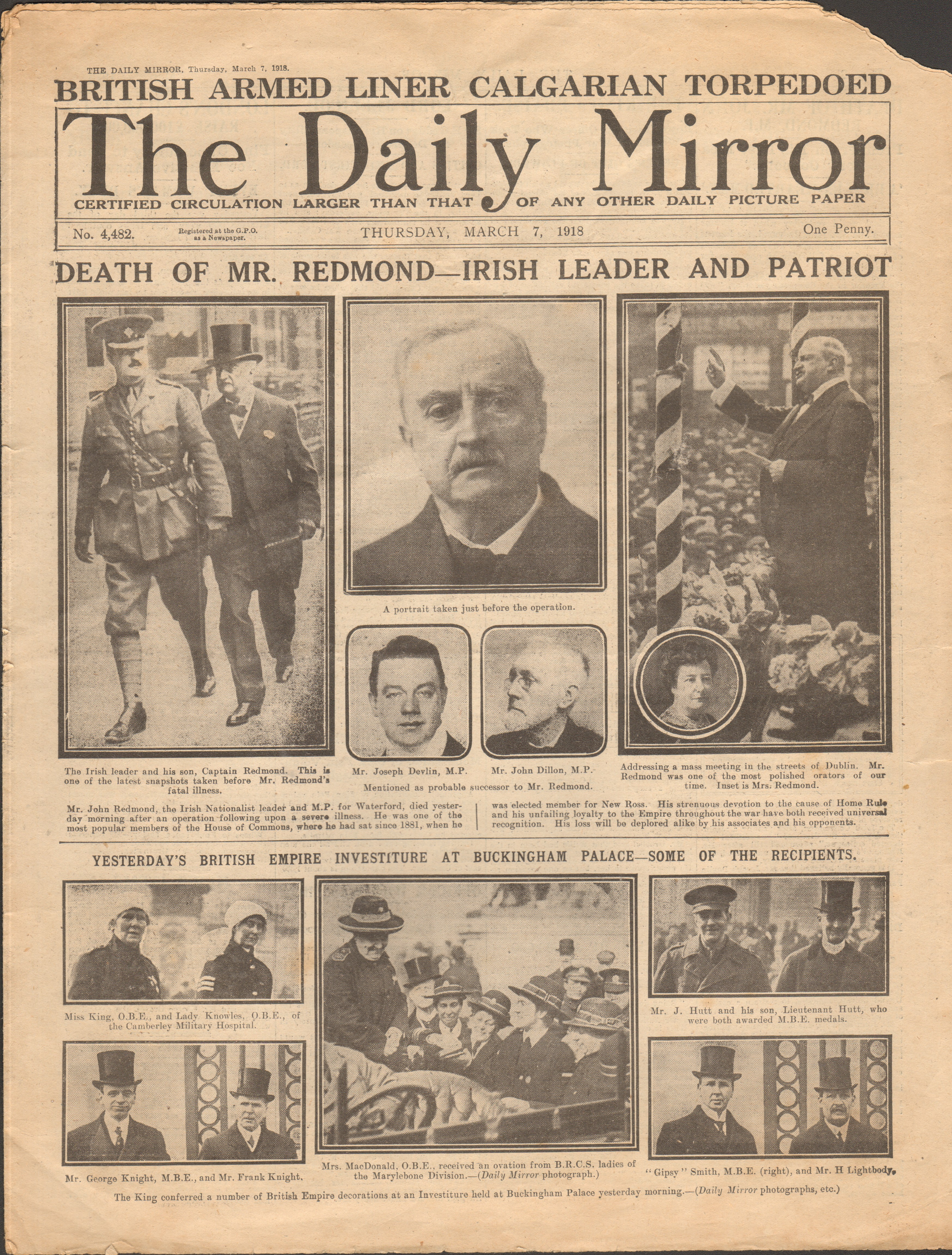 The Death of Mr Redman Irish Leader and Patriot Original Newspaper