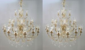 Pair Of Large Gold Plated Crystal 28 Light Chandeliers