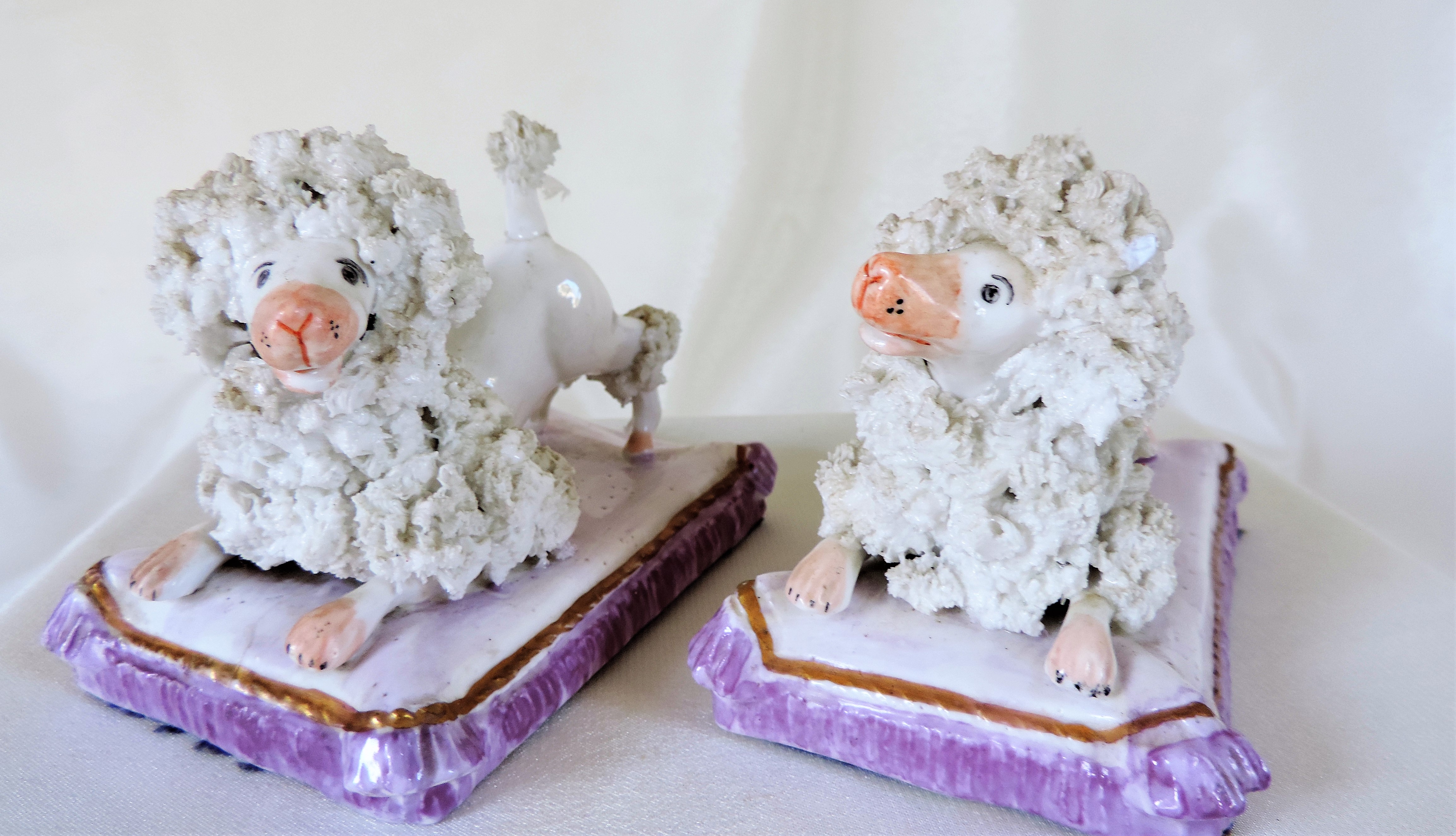 Antique Staffordshire Porcelain Poodles Seated On Cushions C.1850'S