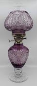 Very Fine English Cut Glass Amethyst Overlay Crystal Oil Lamp