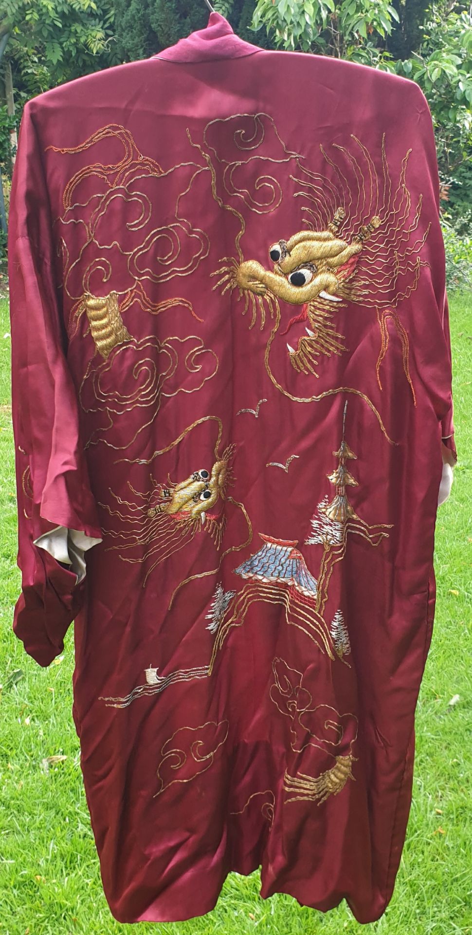 Vintage Clothing Far East Kimonos Silk Style Gown Burgundy 5 Feet Long
