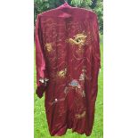 Vintage Clothing Far East Kimonos Silk Style Gown Burgundy 5 Feet Long