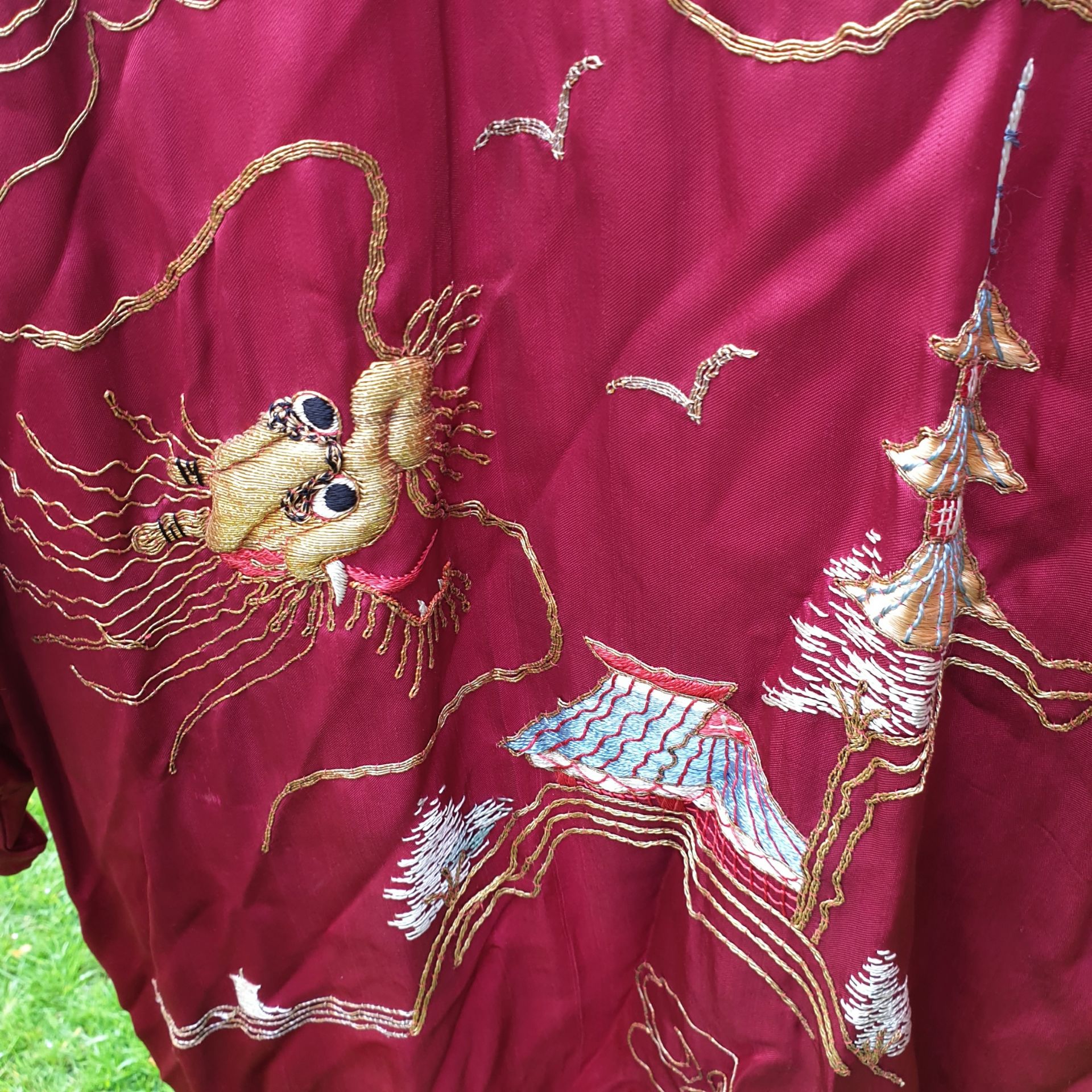 Vintage Clothing Far East Kimonos Silk Style Gown Burgundy 5 Feet Long - Image 4 of 4