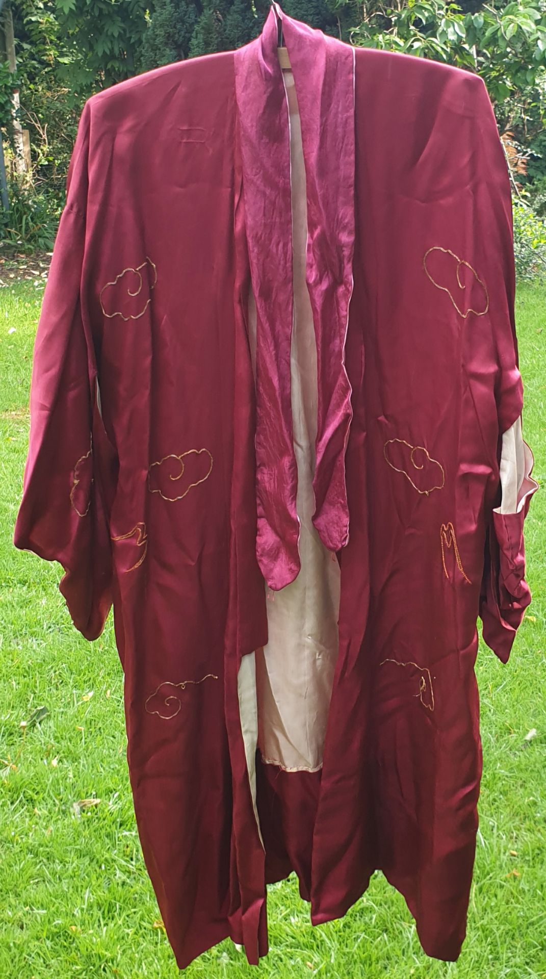 Vintage Clothing Far East Kimonos Silk Style Gown Burgundy 5 Feet Long - Image 3 of 4