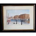 Vintage Art Watercolour Neil Wharton Liverpool Docks 'Ships Moored By Maritime Museum'