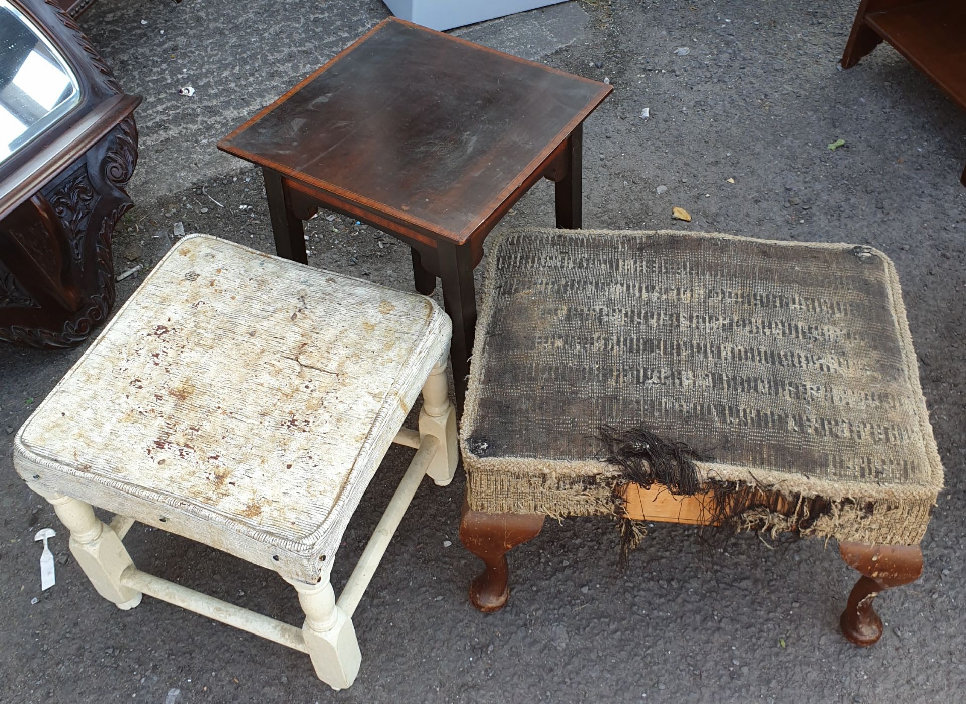 Antique 2 x Stools and 1 x Small Inlaid Table