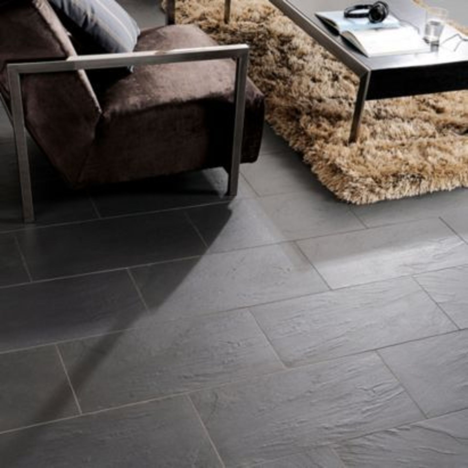 2.2M2 Slate effect Black Matt Stone effect Porcelain Wall & floor tile. This wall & floor tile ...