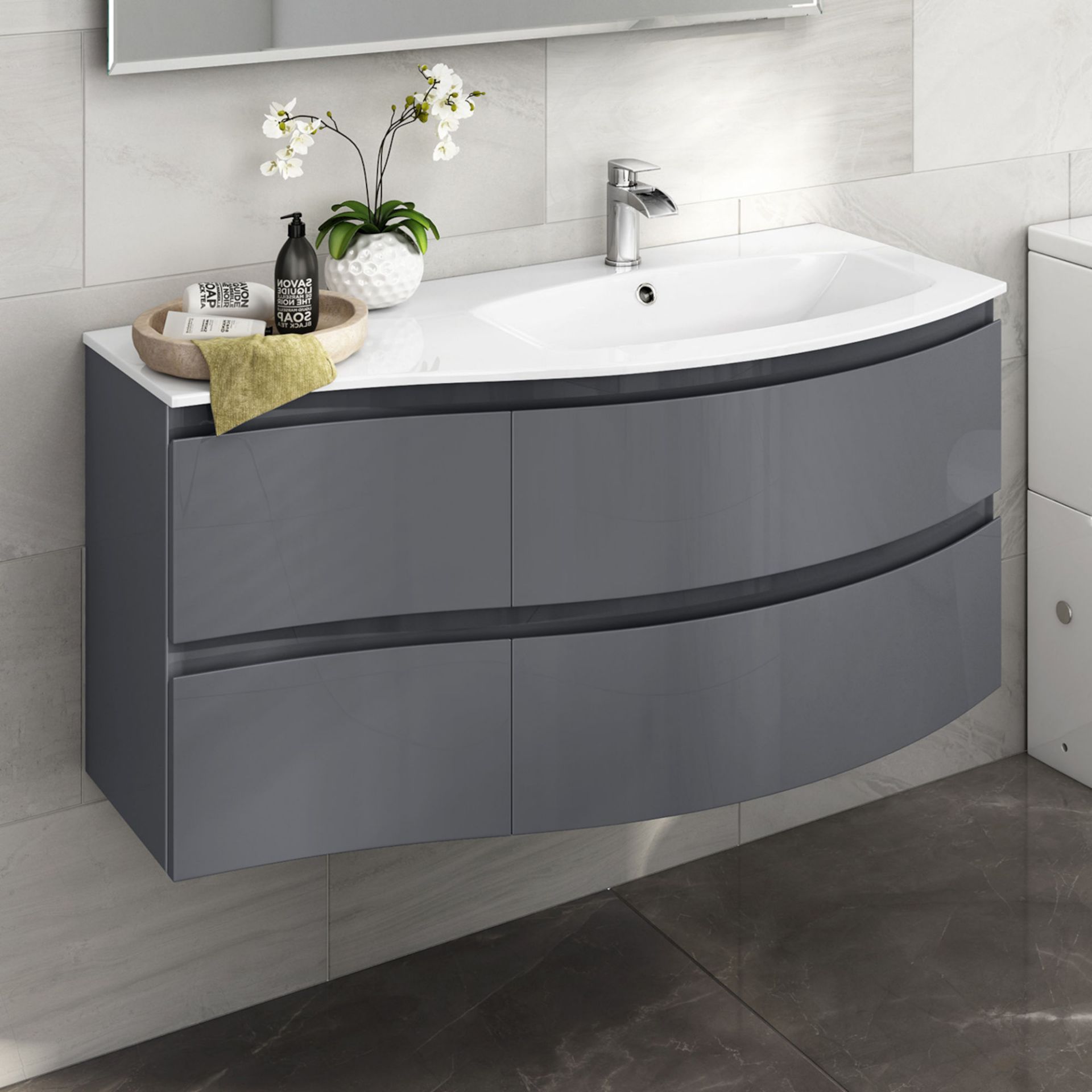 1040mm Amelie Gloss Grey Curved Vanity Unit - Right Hand - Wall Hung. RRP £1,499. Comes comple...