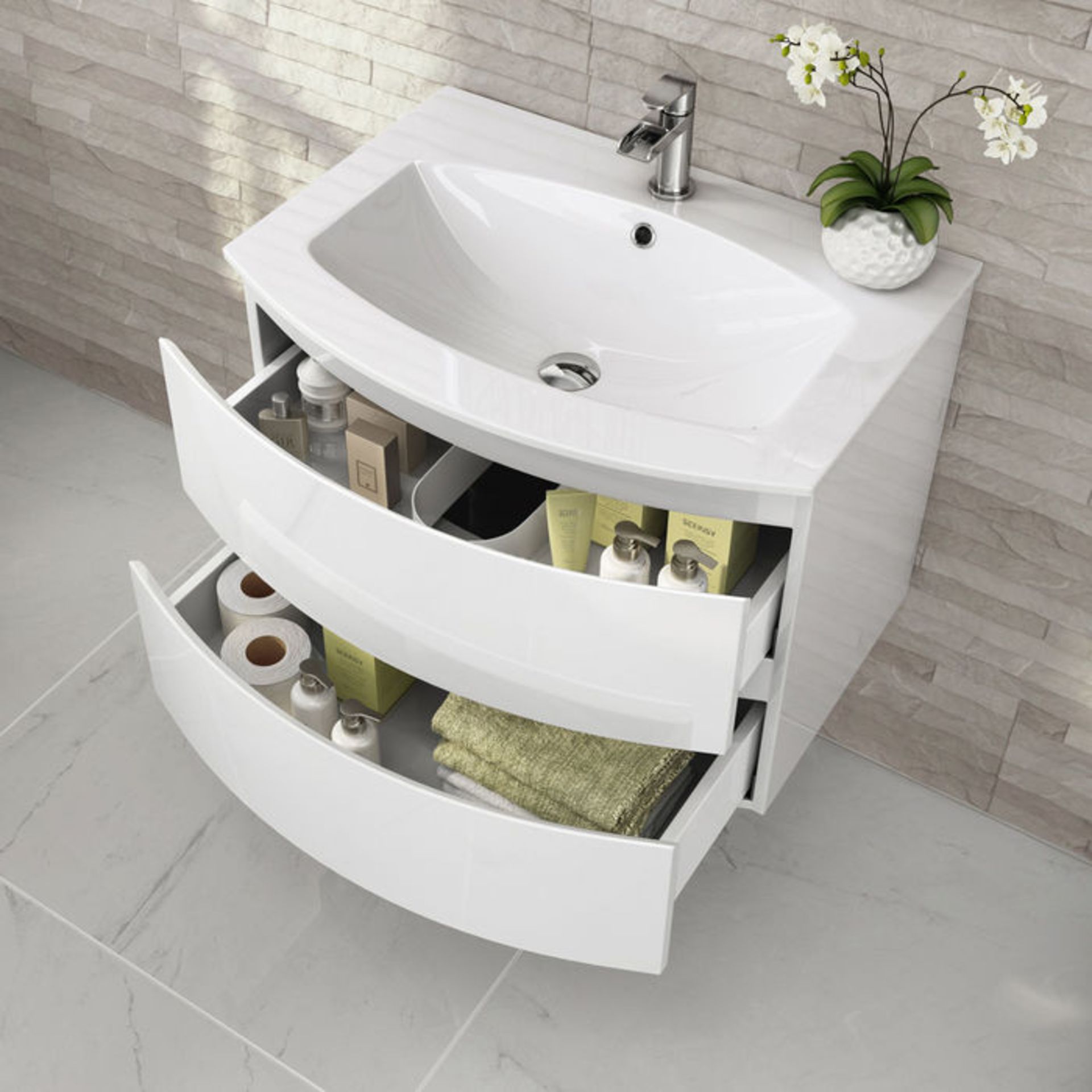 700mm Amelie High Gloss White Curved Vanity Unit - Wall Hung. RRP £749.99. Comes complete with... - Image 2 of 4