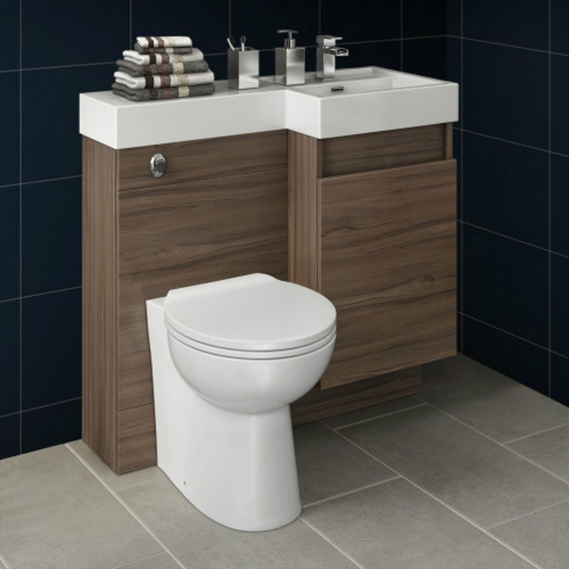906mm Olympia Walnut Effect Drawer Vanity Unit Right with Quartz Pan. RRP £999.99. Comes compl...
