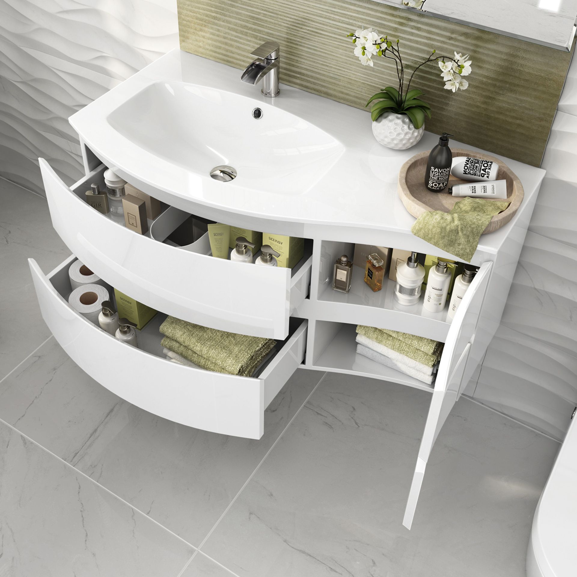 1040mm Amelie High Gloss White Curved Vanity Unit - Left Hand - Wall Hung. RRP £1,499.COMES ... - Image 3 of 4