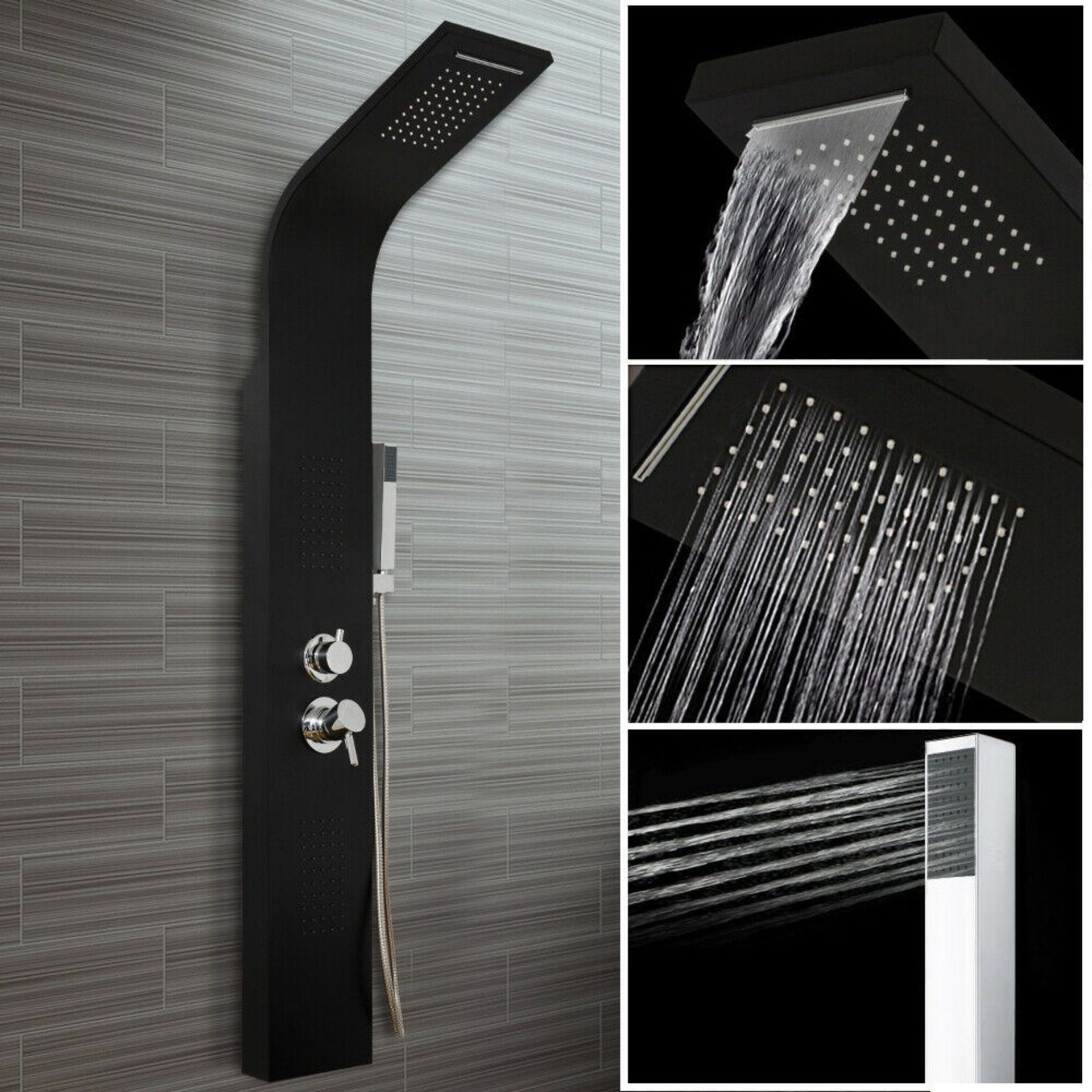 (W9) Modern Black Column Bathroom Waterfall Mixer Shower Panel With Body Jet. This Black Showe...