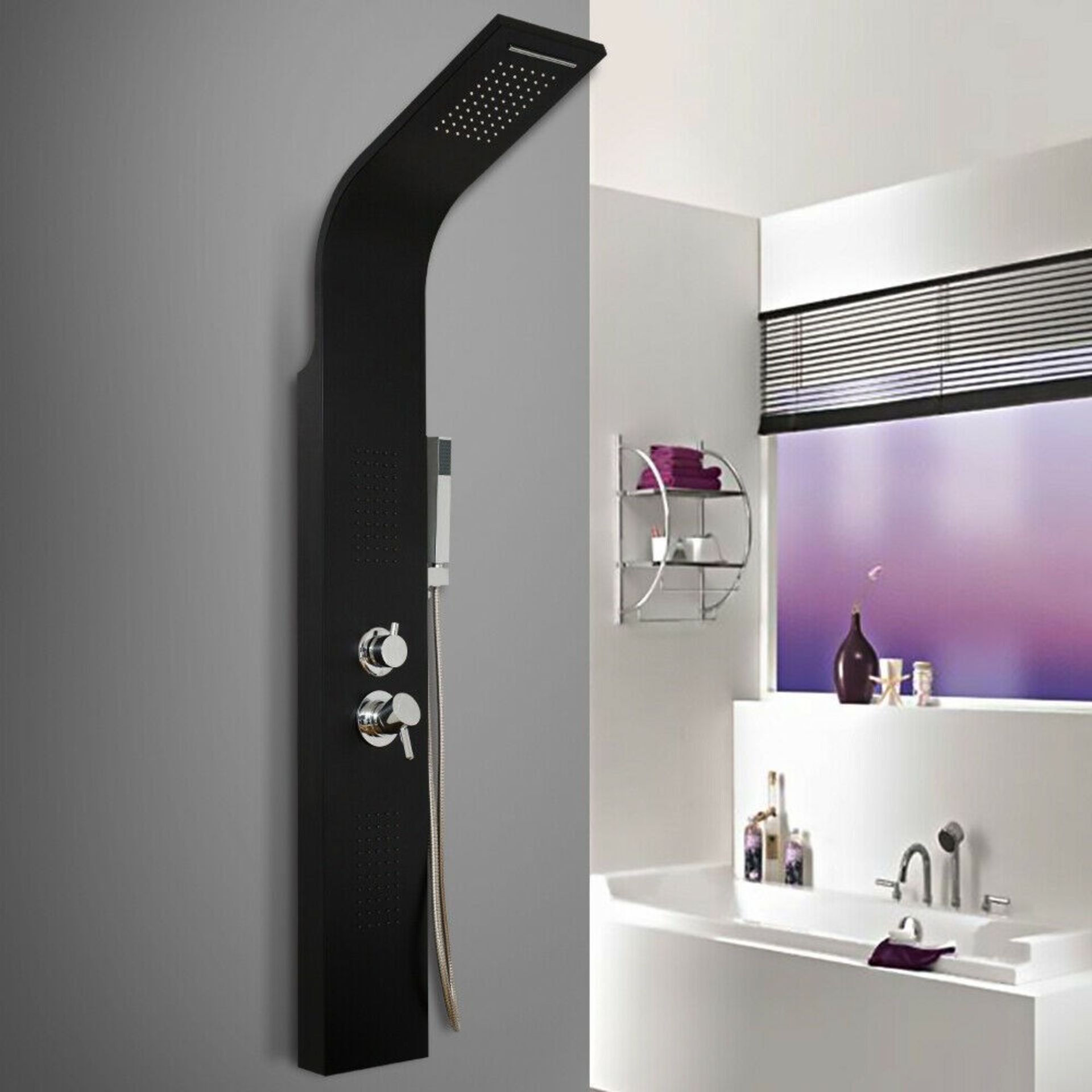 (W9) Modern Black Column Bathroom Waterfall Mixer Shower Panel With Body Jet. This Black Showe... - Image 3 of 3