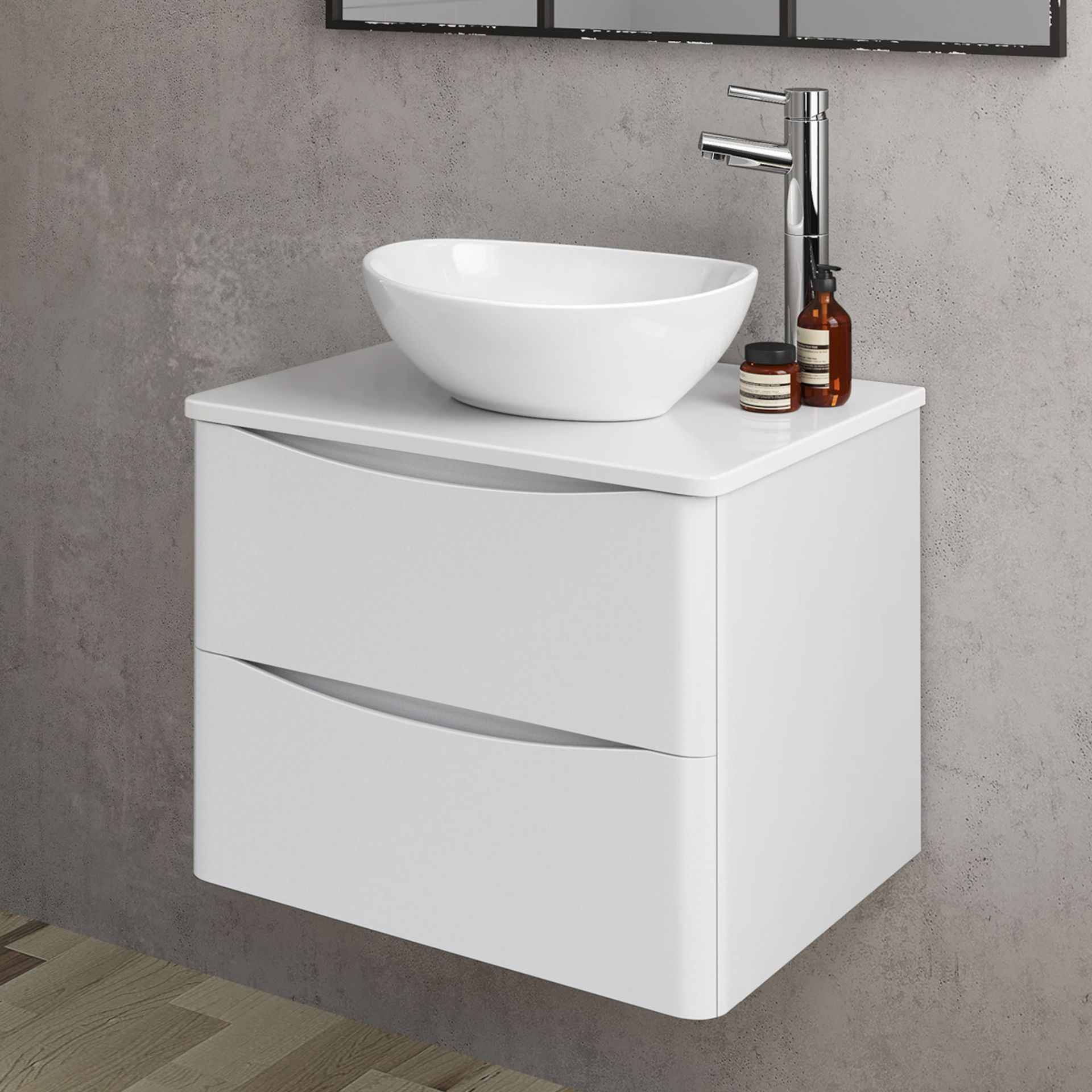 600mm Austin II Gloss White Countertop Unit and Camila Basin - Wall Hung. RRP £899.99.Comes co...