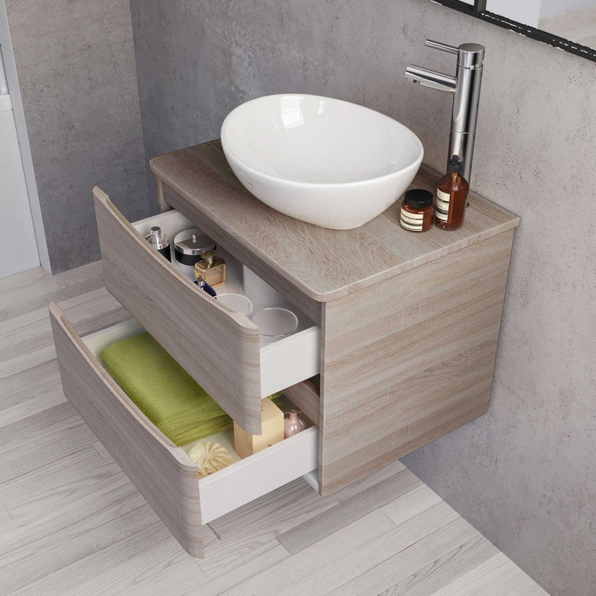 600MM AUSTIN II LIGHT OAK EFFECT COUNTERTOP UNIT & BASIN - WALL. RRP £849.99. Includes Puro B...