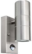 (CE137) UP & DOWN PIR OUTDOOR WALL LIGHT BRUSHED CHROME. PIR Sensor - 8m Detection Range Stain...