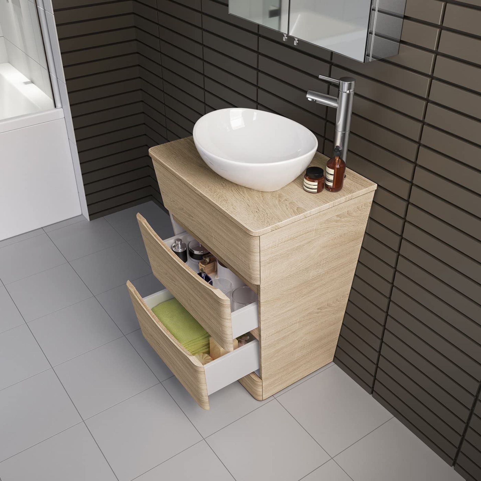 NEW & BOXED 600mm Austin II Light Oak Effect Countertop Unit and Camila Basin - Wall Hung. RRP ... - Image 3 of 3